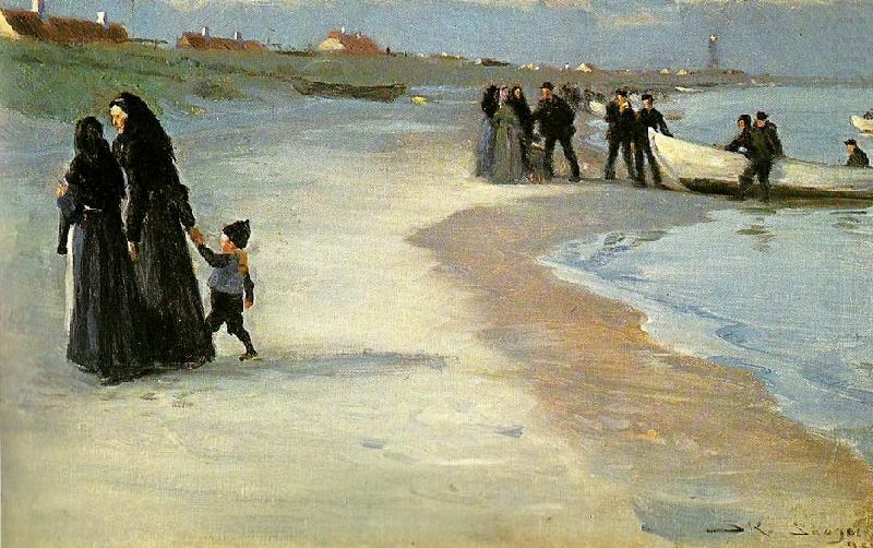 Peter Severin Kroyer en hvid bad i strandkanten, lys sommeraften china oil painting image